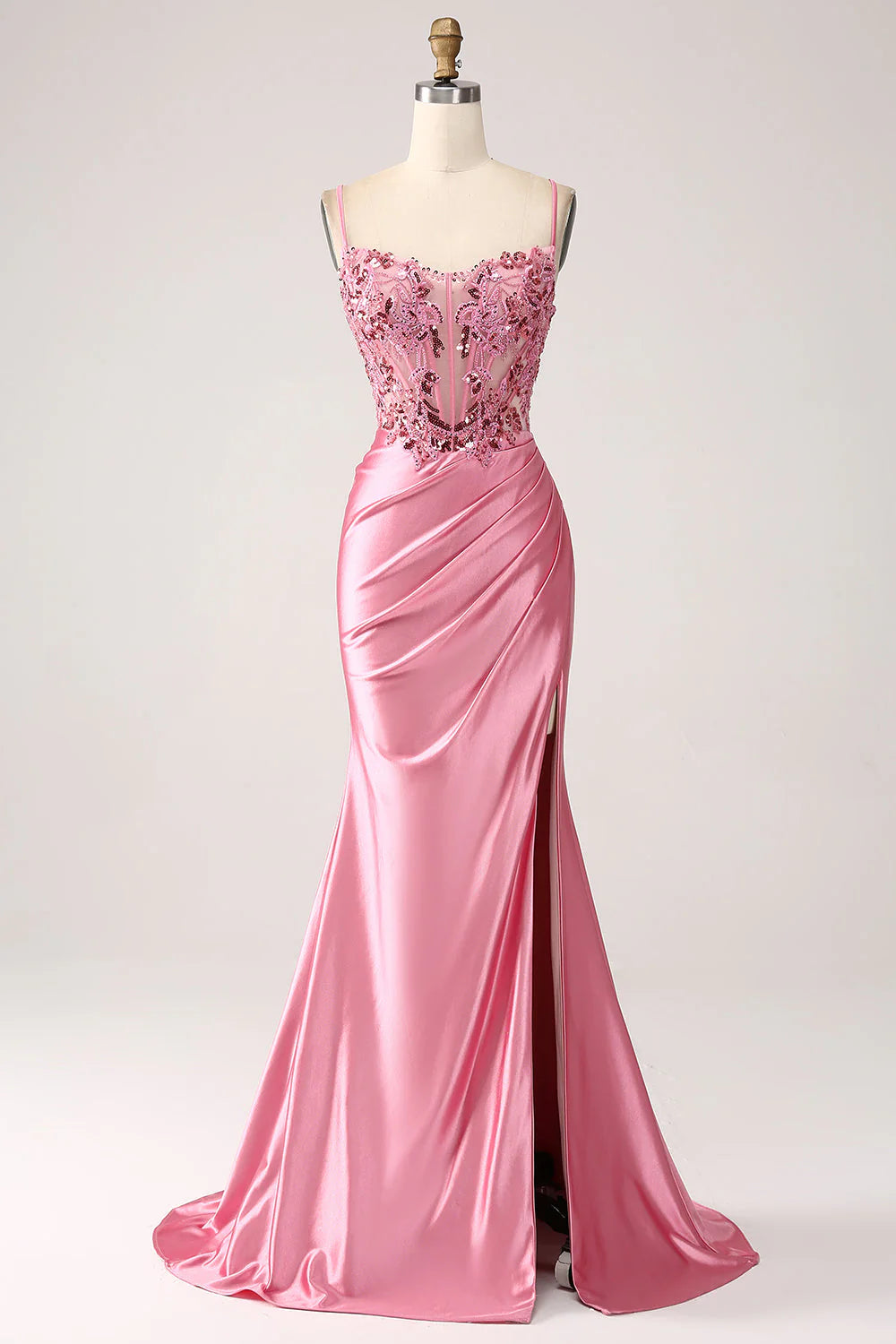 Hot Pink Satin Lace Mermaid Evening Dresses