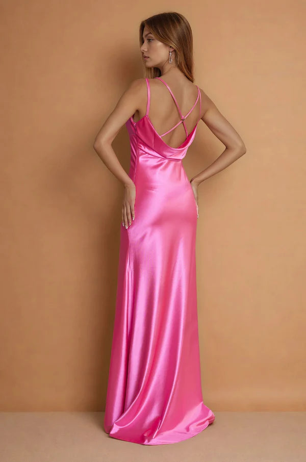 Hot Pink Satin Rose Applique Cutout Backless Maxi Evening Dresses