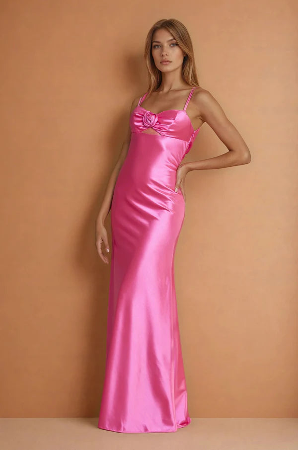 Hot Pink Satin Rose Applique Cutout Backless Maxi Evening Dresses