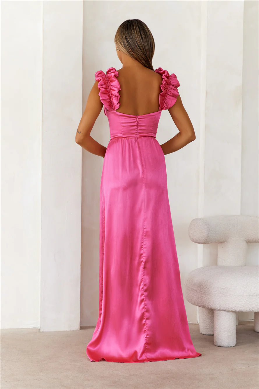 Hot Pink Satin Ruffle Strap High Slit Maxi Evening Dresses