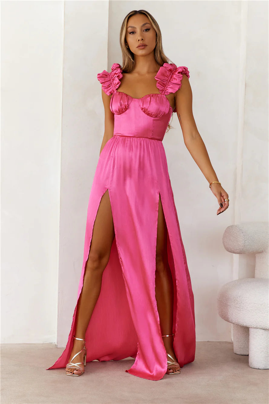 Hot Pink Satin Ruffle Strap High Slit Maxi Evening Dresses