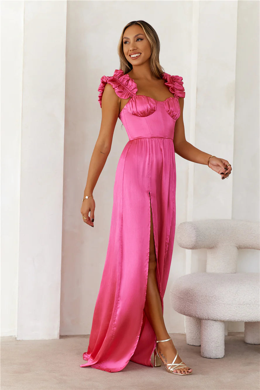 Hot Pink Satin Ruffle Strap High Slit Maxi Evening Dresses