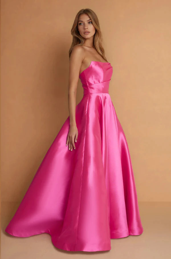 Hot Pink Satin Strapless Ball Gown Maxi Evening Dresses