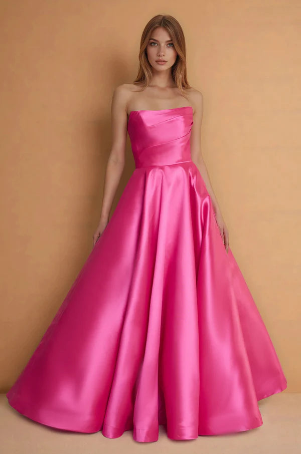 Hot Pink Satin Strapless Ball Gown Maxi Evening Dresses