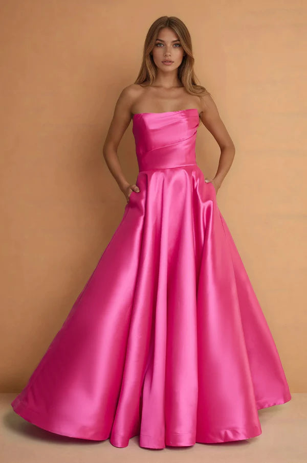 Hot Pink Satin Strapless Ball Gown Maxi Evening Dresses