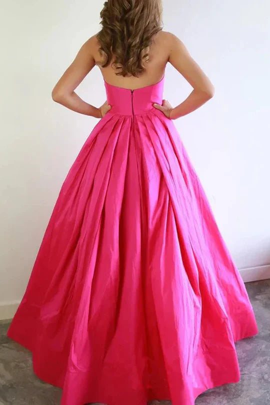 Hot Pink Satin Strapless Bow Cut Out Ball Gown Prom Dress For Galas