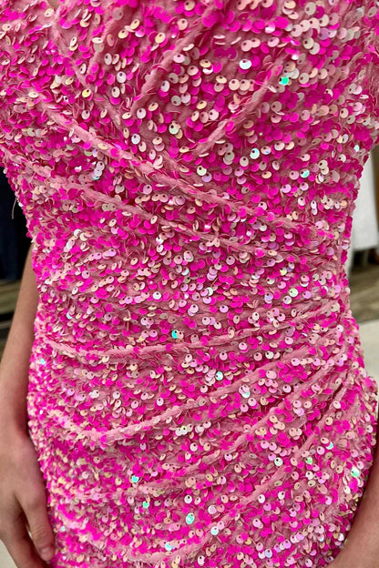 Hot Pink Sequin O-Ring Back Short Party Dress