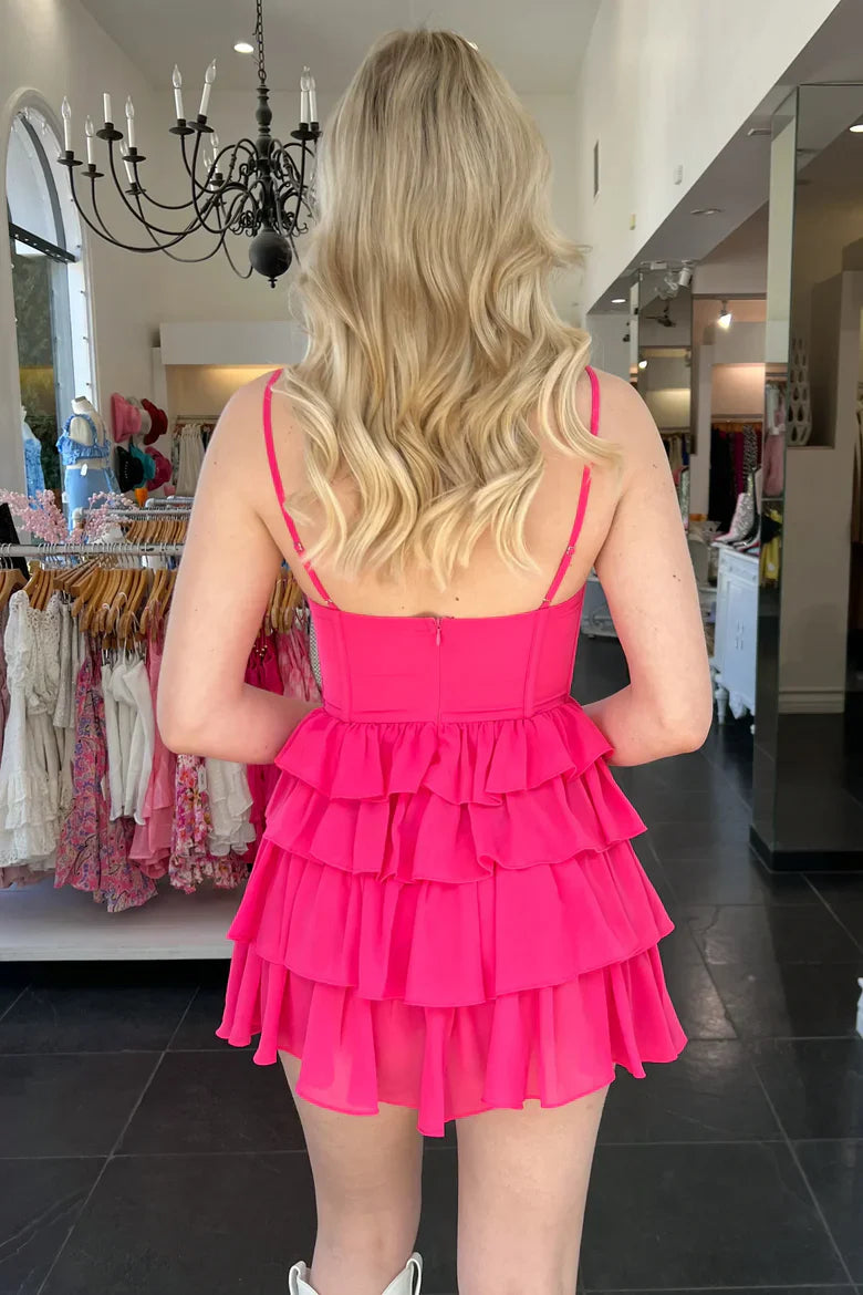 Hot Pink Spaghetti Strap Corset Tiered Ruffle Mini Dress For Parties