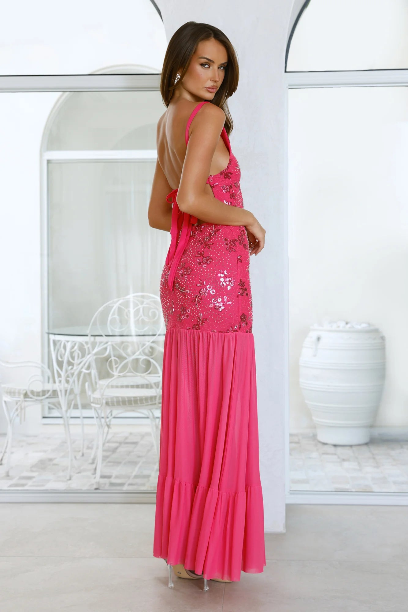 Hot Pink Spaghetti Strap Sequin Floral Ruffle Evening Dresses