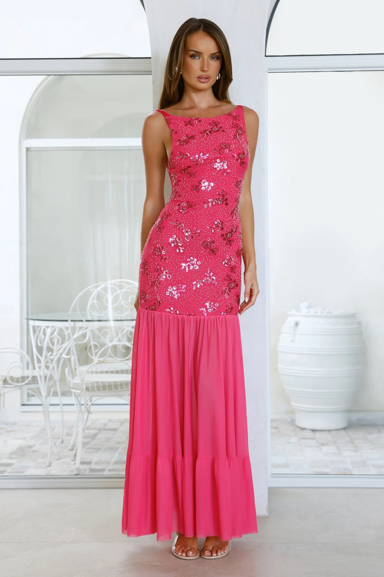 Hot Pink Spaghetti Strap Sequin Floral Ruffle Evening Dresses
