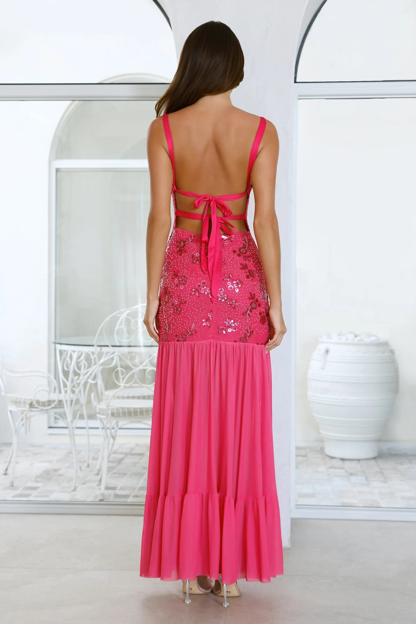 Hot Pink Spaghetti Strap Sequin Floral Ruffle Evening Dresses
