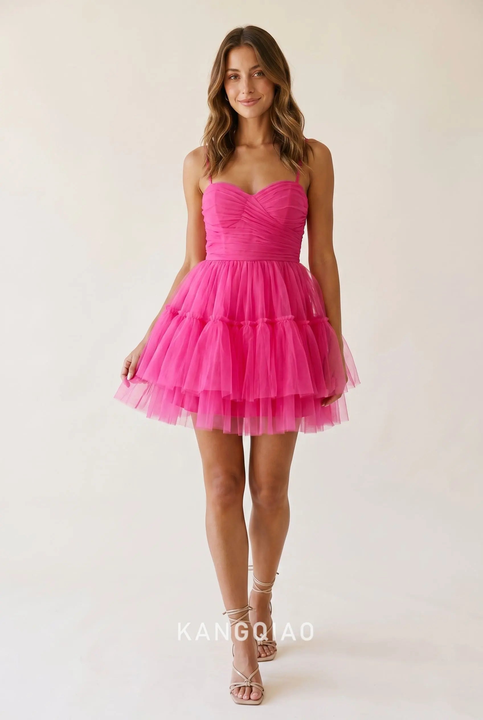 Hot Pink Spaghetti Strap Sweetheart Neck Ruched Bustier Open Back Multi Tiered Ruffle Tulle A Line Mini Homecoming Dress
