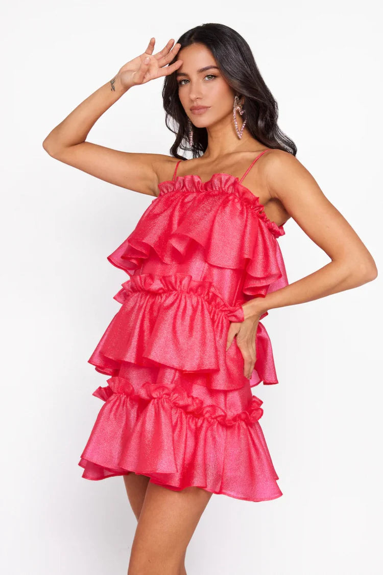 Hot Pink Spaghetti Strap Tiered Ruffle Homecoming Dresses