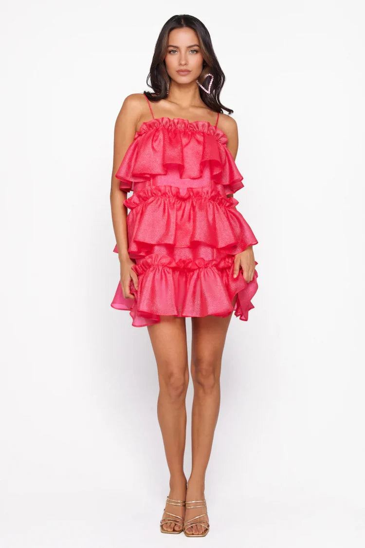 Hot Pink Spaghetti Strap Tiered Ruffle Homecoming Dresses