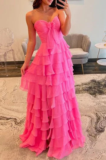 Hot Pink Strapless Bow Tiered Ruffle Maxi Prom Dress