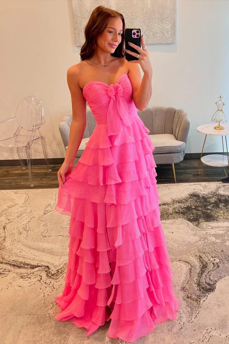 Hot Pink Strapless Bow Tiered Ruffle Maxi Prom Dress
