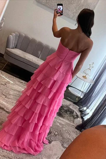 Hot Pink Strapless Bow Tiered Ruffle Maxi Prom Dress