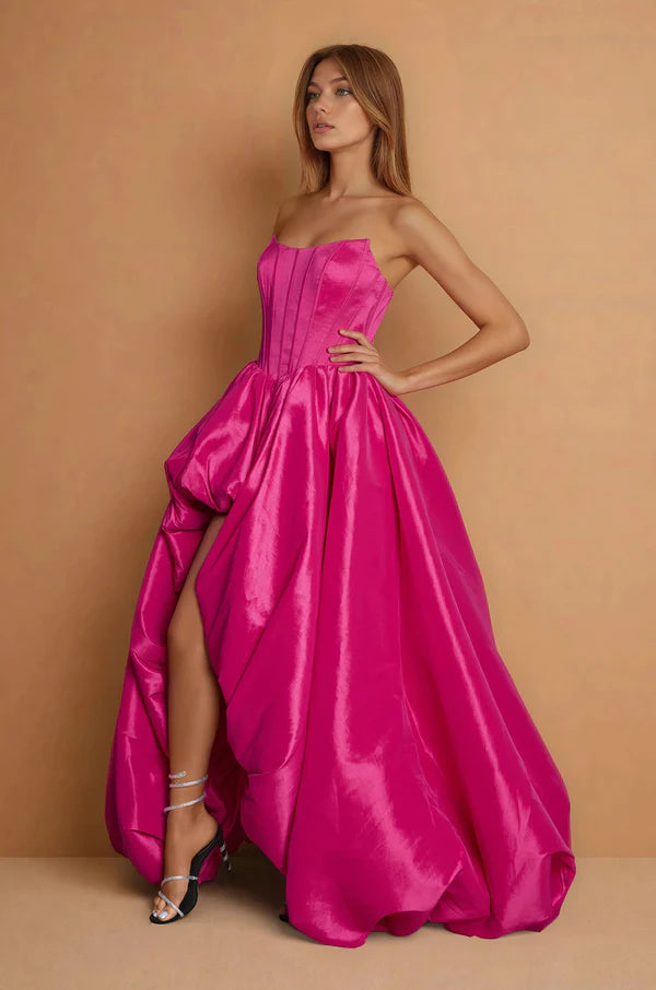 Hot Pink Strapless Corset High-Low Slit Maxi Evening Dresses