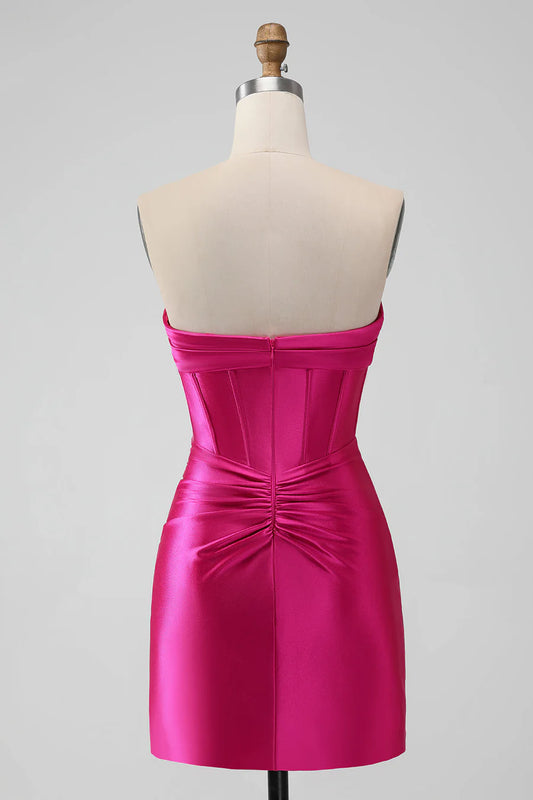 Hot Pink Strapless Keyhole Ruched Mini Homecoming Dress