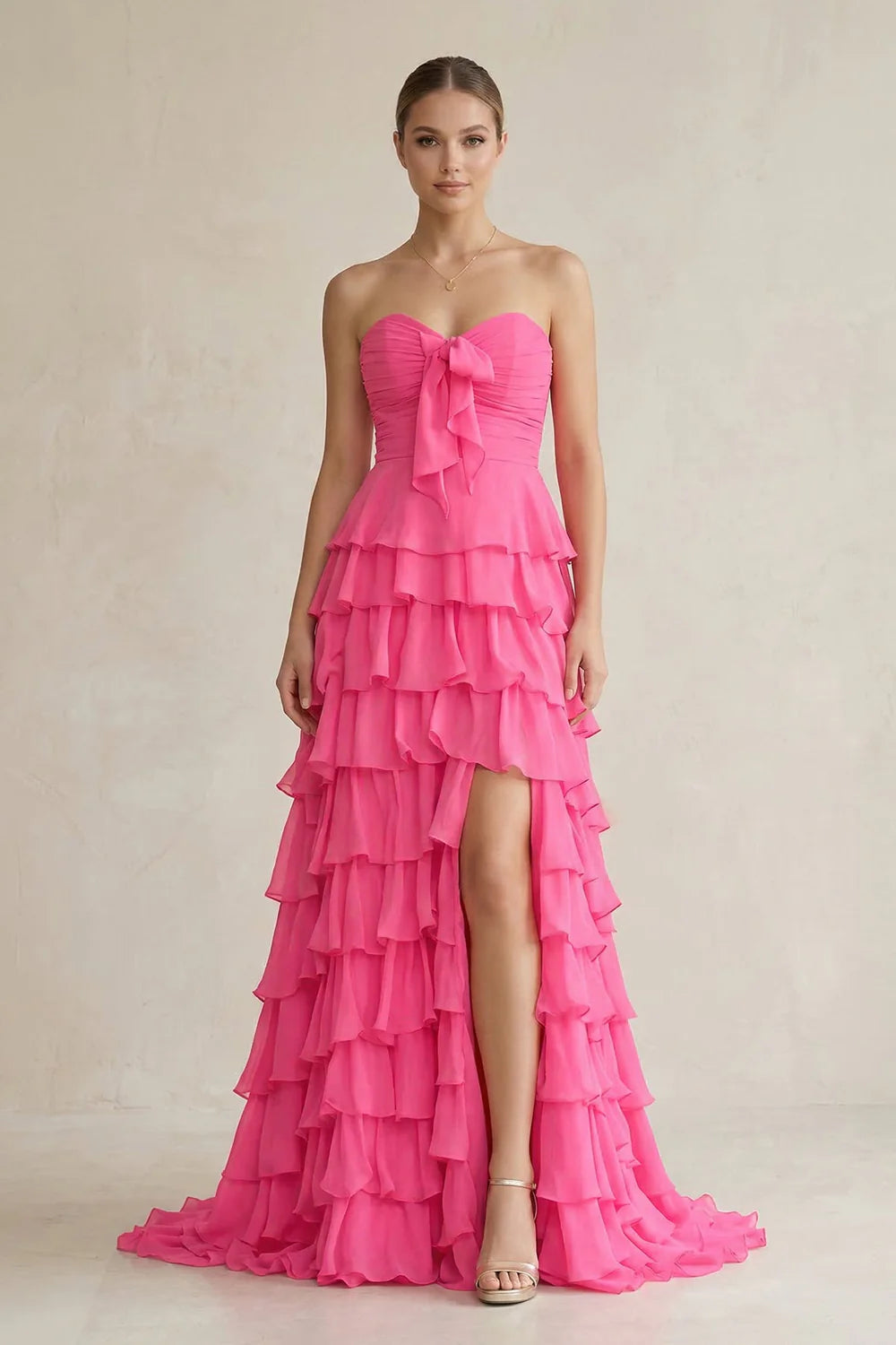 Hot Pink Strapless Tiered Ruffle Evening Dresses