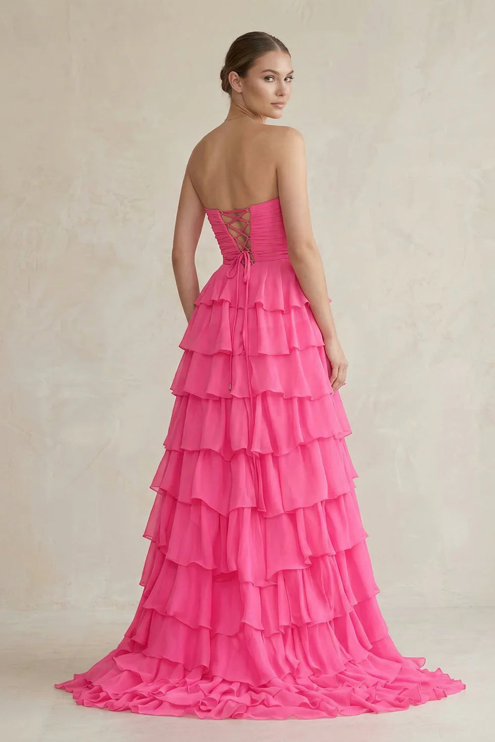 Hot Pink Strapless Tiered Ruffle Evening Dresses