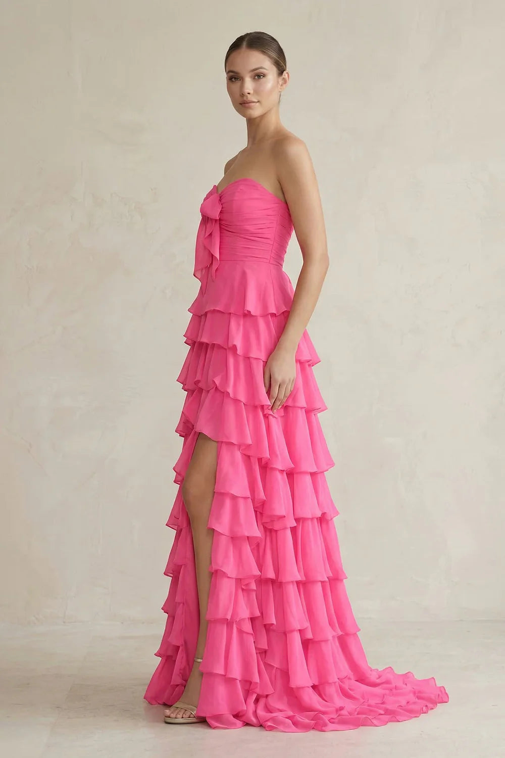 Hot Pink Strapless Tiered Ruffle Evening Dresses