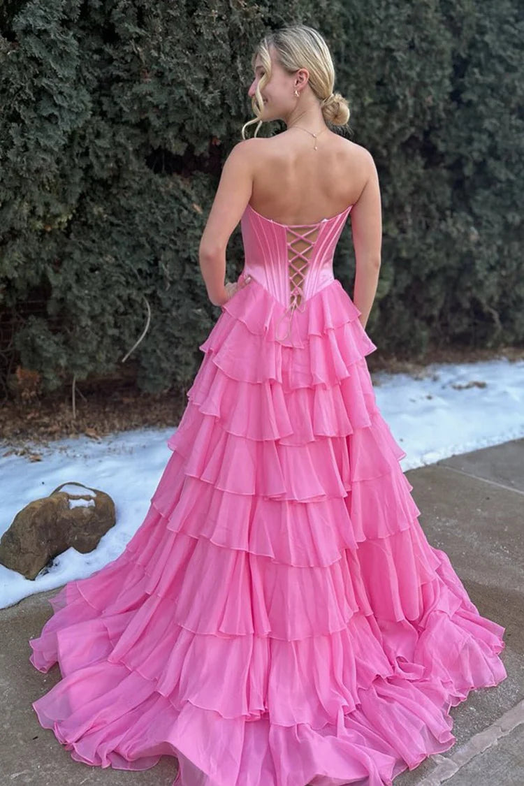 Hot Pink Tiered Ruffle Strapless Evening Dresses