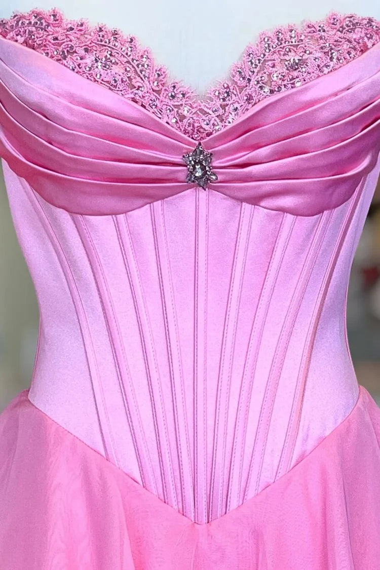 Hot Pink Tiered Ruffle Strapless Evening Dresses