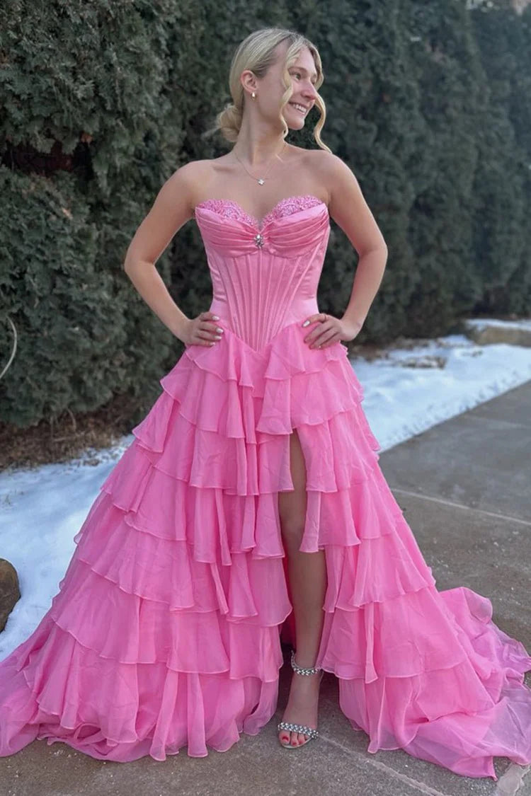 Hot Pink Tiered Ruffle Strapless Evening Dresses