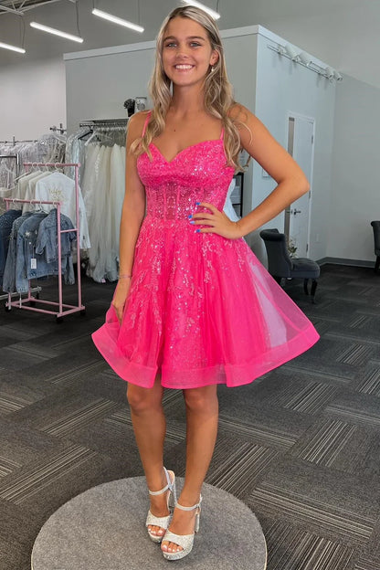 Hot Pink Tulle Sequin Lace-Up A-Line Short Dress