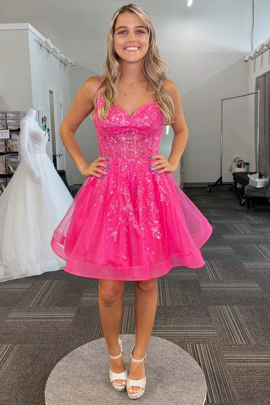 Hot Pink Tulle Sequin Lace-Up A-Line Short Dress