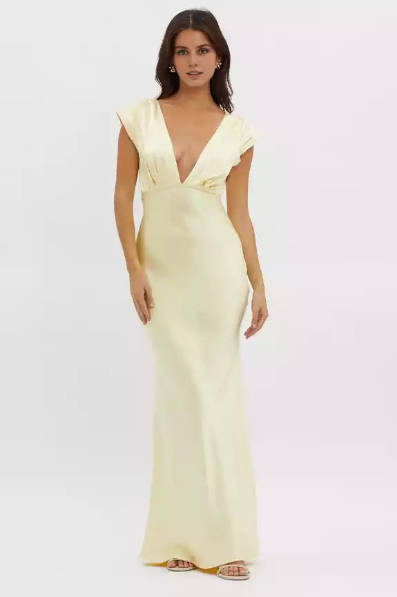Hot partially lined short sleeved V-neck mid length pleated side with zipper Prom Dresses