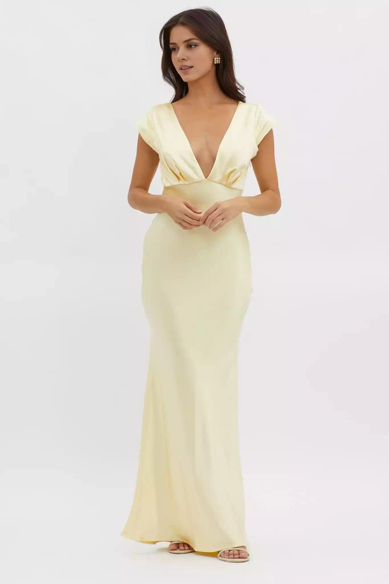 Hot partially lined short sleeved V-neck mid length pleated side with zipper Prom Dresses