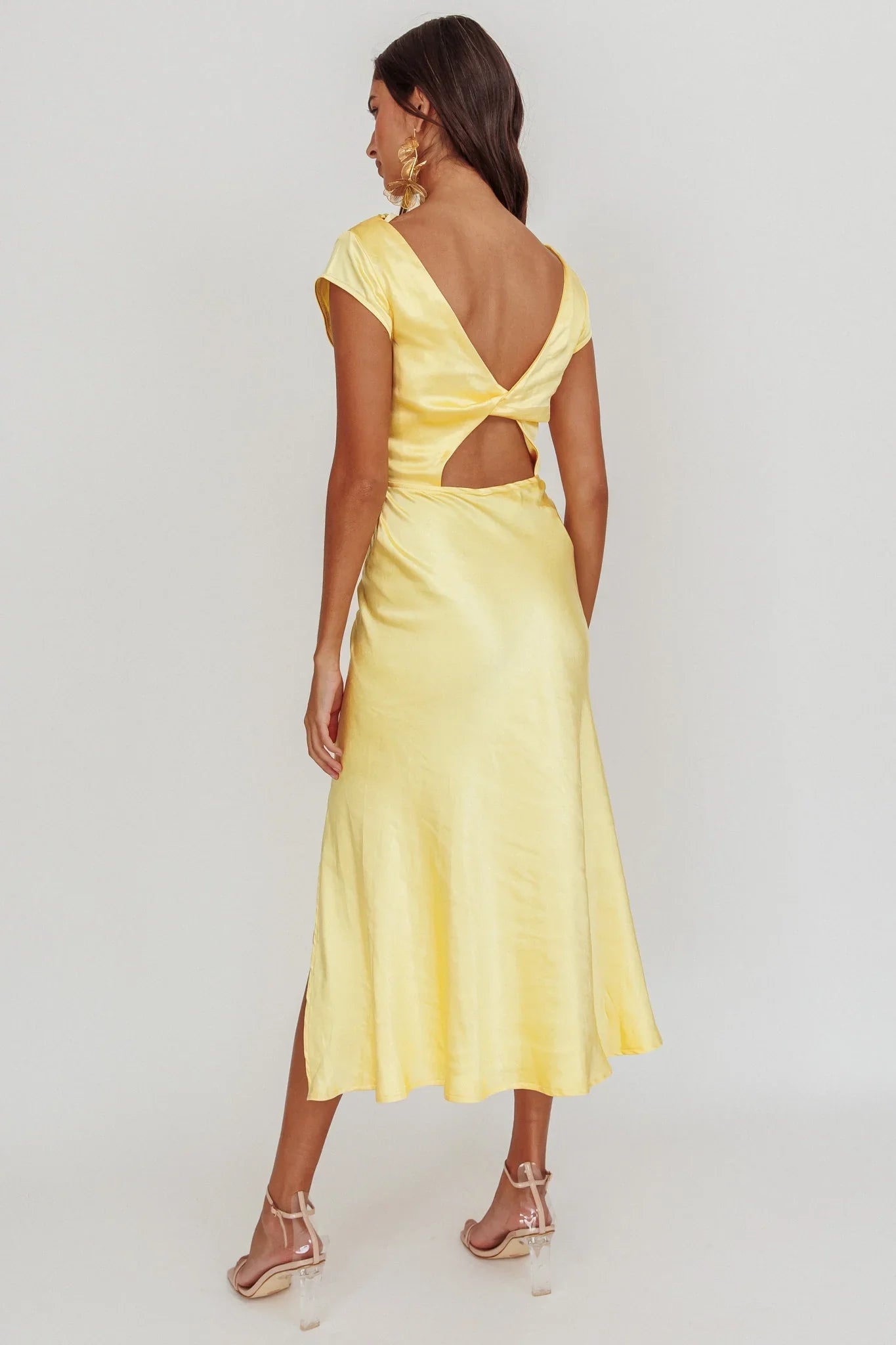 Hot satin medium long front leg slit high neck twisted back cut invisible side zipper bridesmaid dress