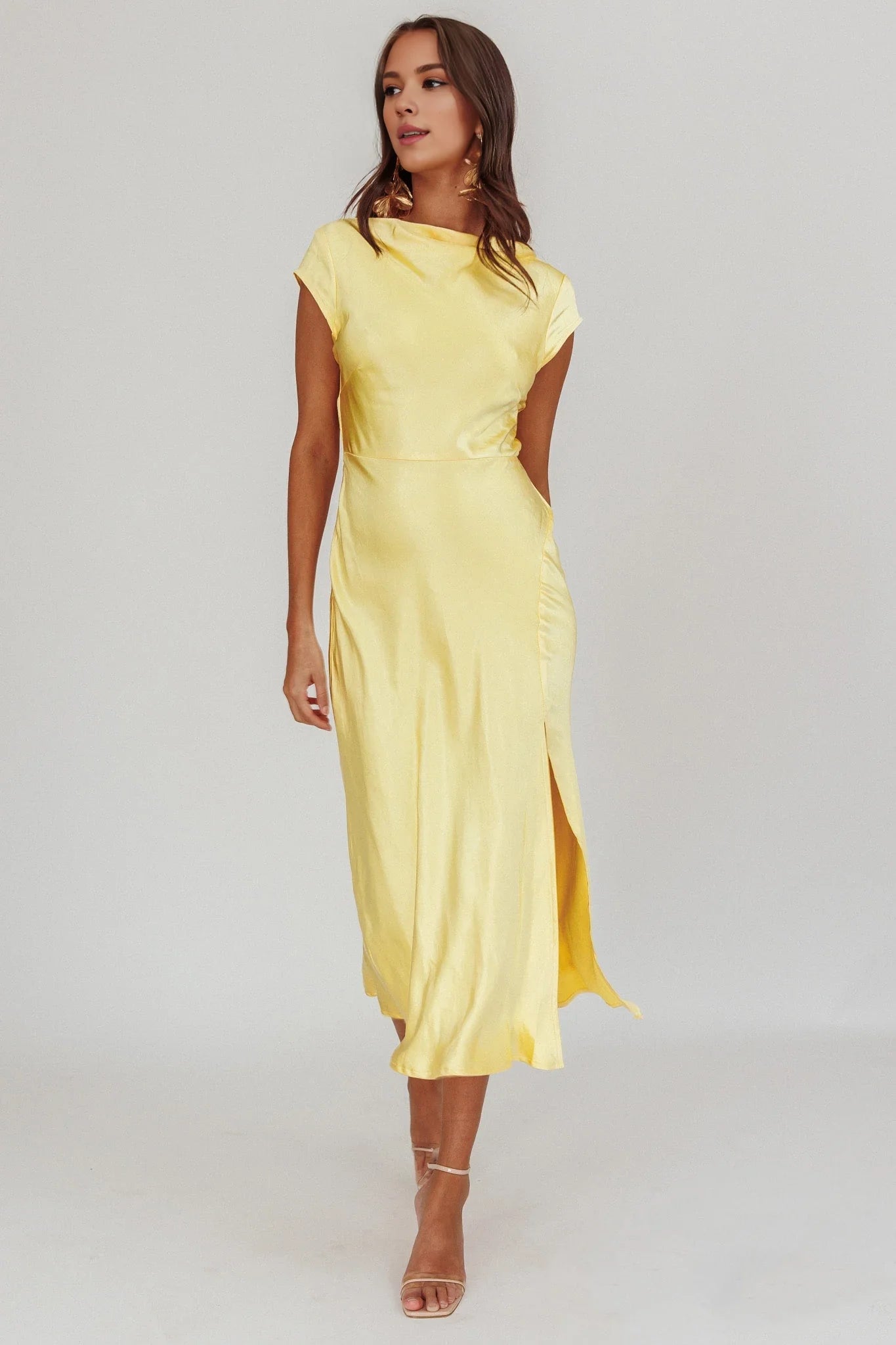 Hot satin medium long front leg slit high neck twisted back cut invisible side zipper bridesmaid dress