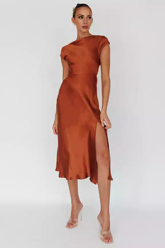 Hot satin unlined scarf collar, mid length design with zipper on the side, Bridesmaid Dresses