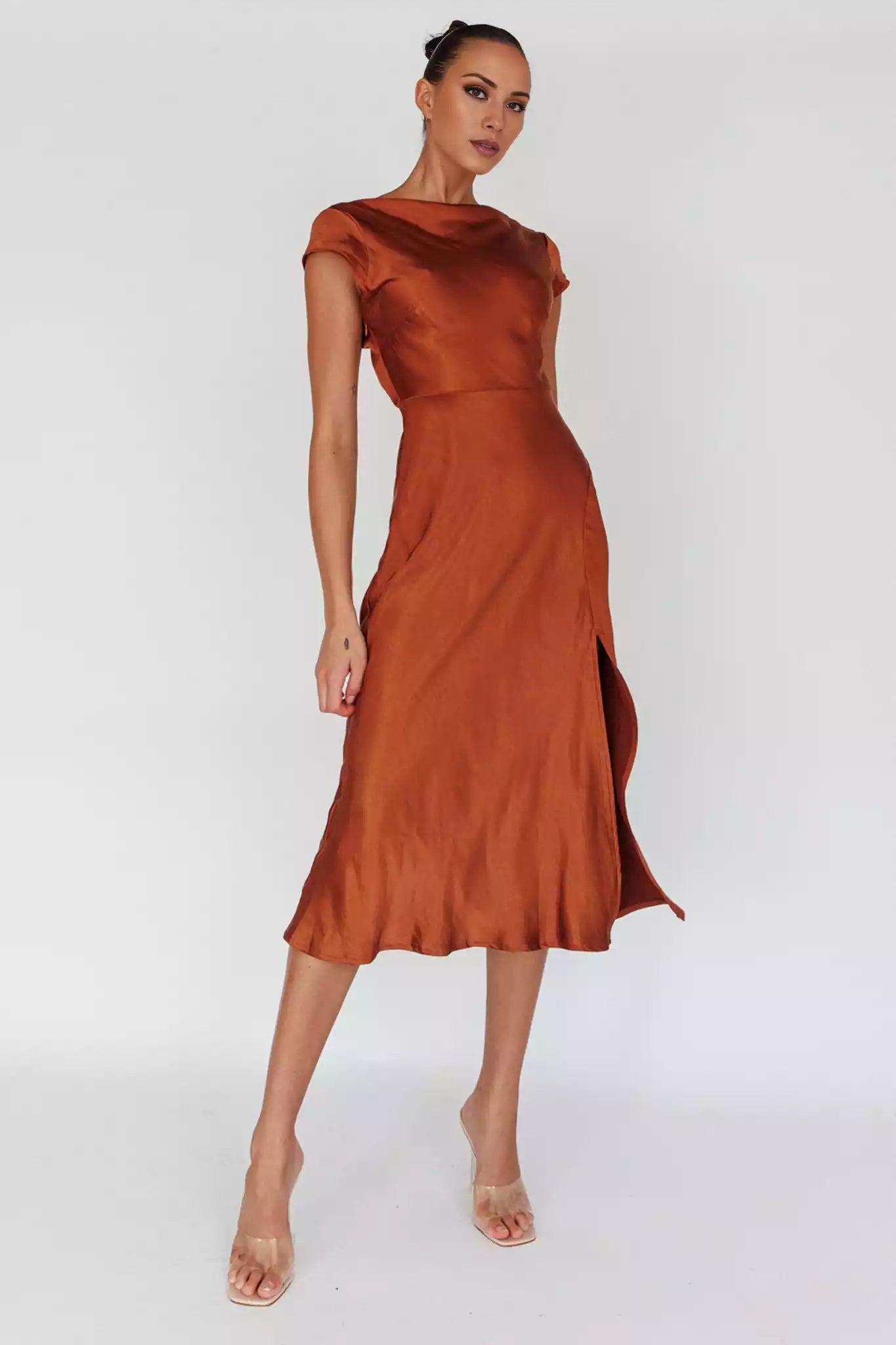 Hot satin unlined scarf collar, mid length design with zipper on the side, Bridesmaid Dresses