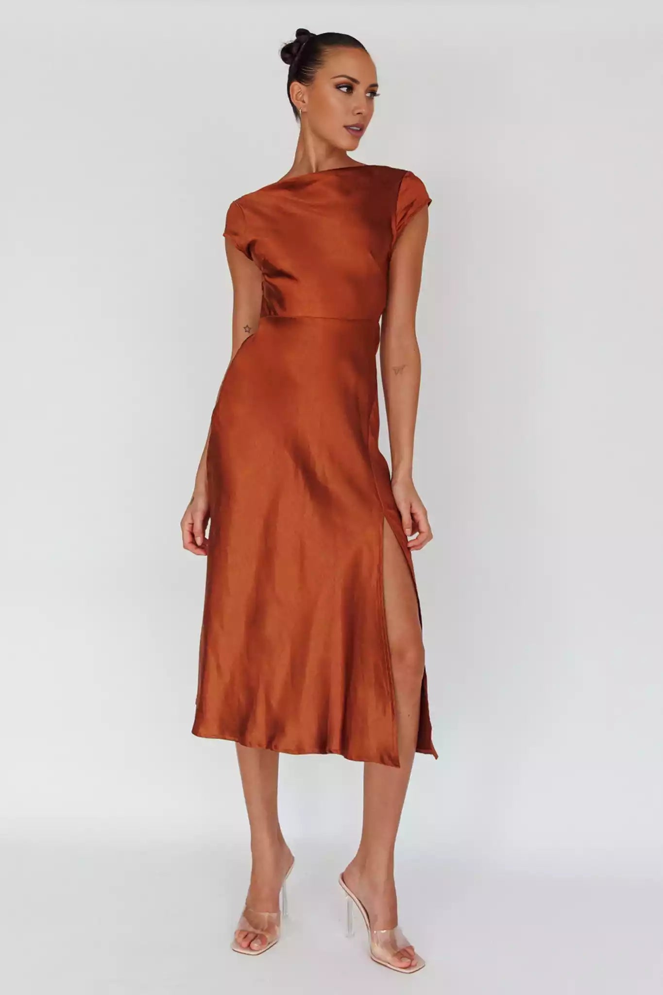 Hot satin unlined scarf collar, mid length design with zipper on the side, Bridesmaid Dresses