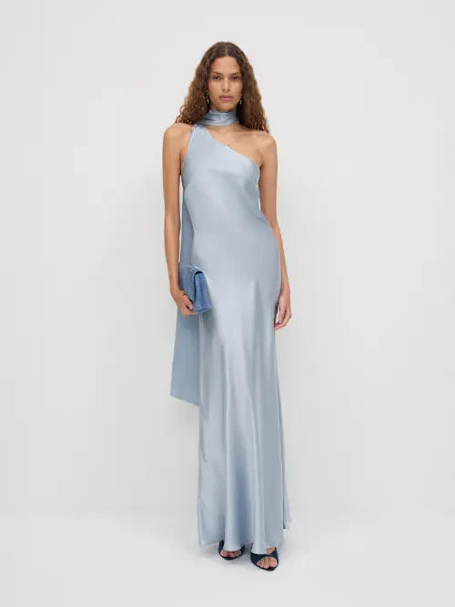 Ice Blue Satin One-Shoulder Scarf Detail Maxi Prom Gown