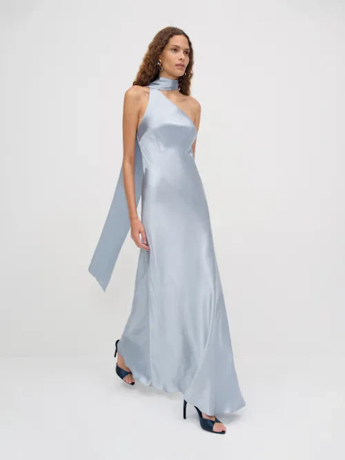 Ice Blue Satin One-Shoulder Scarf Detail Maxi Prom Gown
