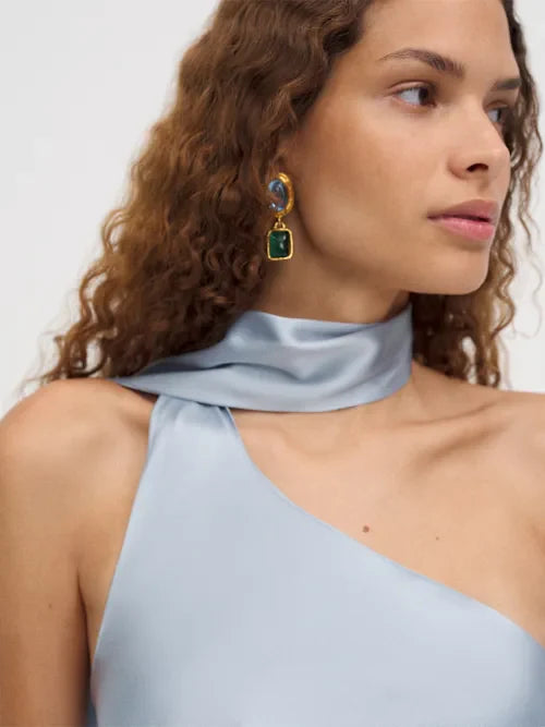 Ice Blue Satin One-Shoulder Scarf Detail Maxi Prom Gown