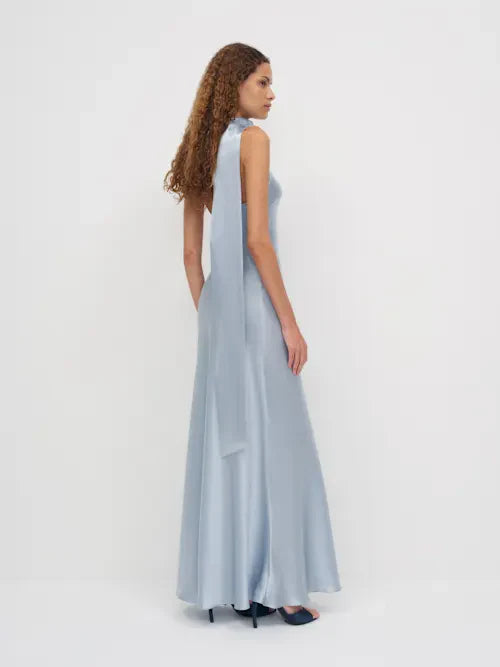 Ice Blue Satin One-Shoulder Scarf Detail Maxi Prom Gown