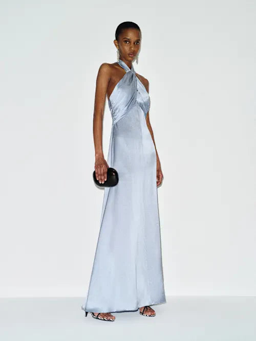 Ice Blue Satin Twist Halter Neck Open Back Maxi Prom Gown