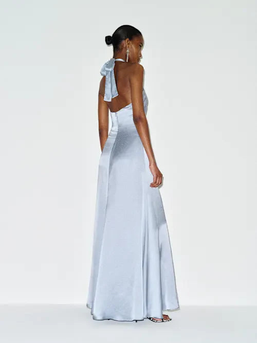 Ice Blue Satin Twist Halter Neck Open Back Maxi Prom Gown