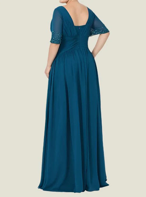 Ink Blue Half Sleeves Chiffon Long Mother of The Bride Dresses