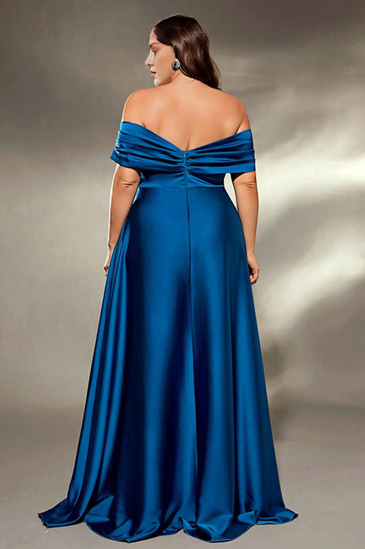 Ink Blue Off The Shoulder Satin Plus Size Ruched A Line Long Mother Of The Bride Dress