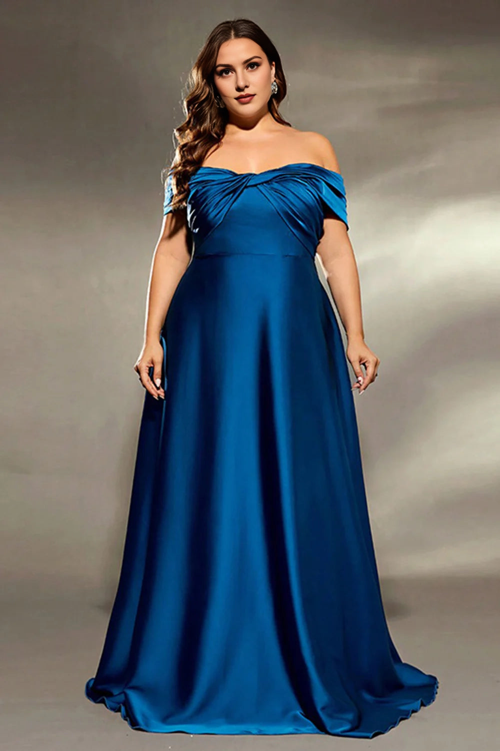 Ink Blue Off The Shoulder Satin Plus Size Ruched A Line Long Mother Of The Bride Dress