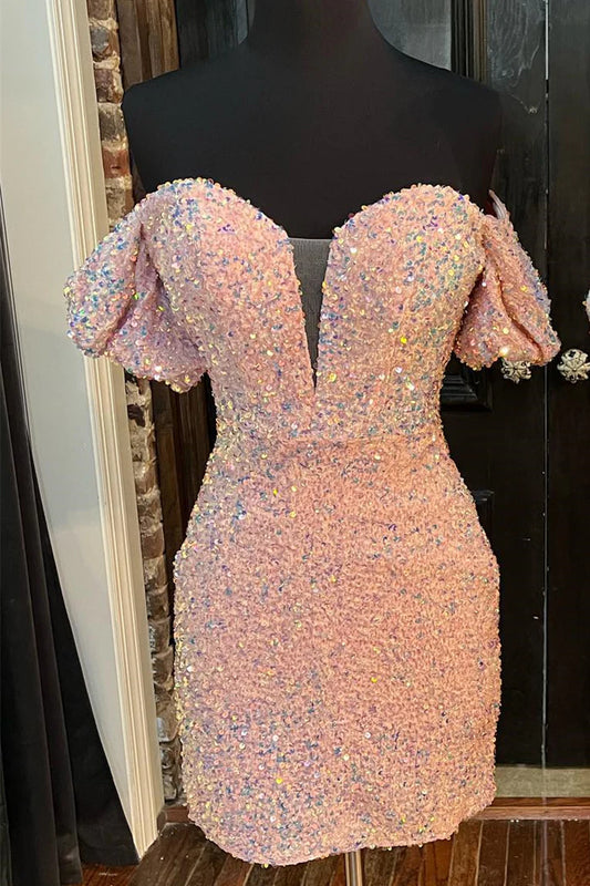 Iridescent Sequin Puff Sleeve Bodycon Mini Homecoming Dress