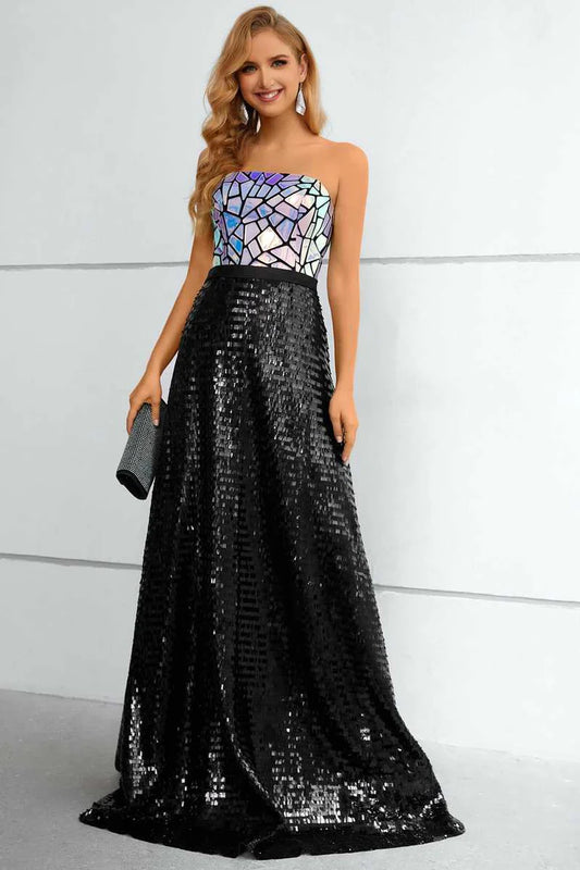 Iridescent Sequin Strapless A-Line Prom Dress