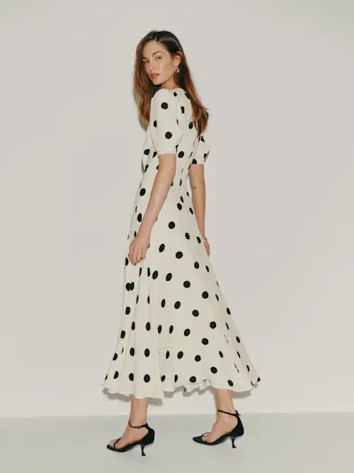 Ivory Black Polka Dot Deep V-Neck Puff Sleeve Prom Dress